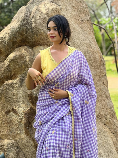 Fancy Lace broder Check Pattern Purple Cotton Linen Saree With Blouse