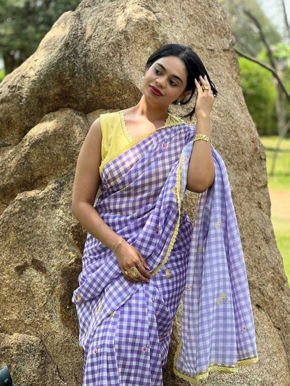 Fancy Lace broder Check Pattern Purple Cotton Linen Saree With Blouse