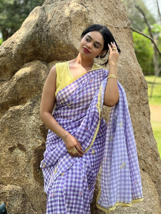 Fancy Lace broder Check Pattern Purple Cotton Linen Saree With Blouse