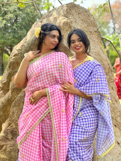 Fancy Lace broder Check Pattern Purple Cotton Linen Saree With Blouse