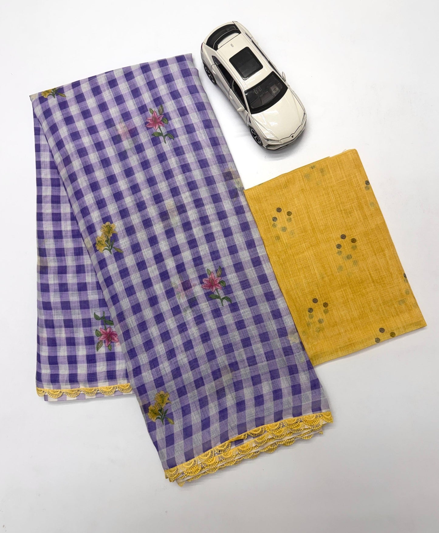 Fancy Lace broder Check Pattern Purple Cotton Linen Saree With Blouse