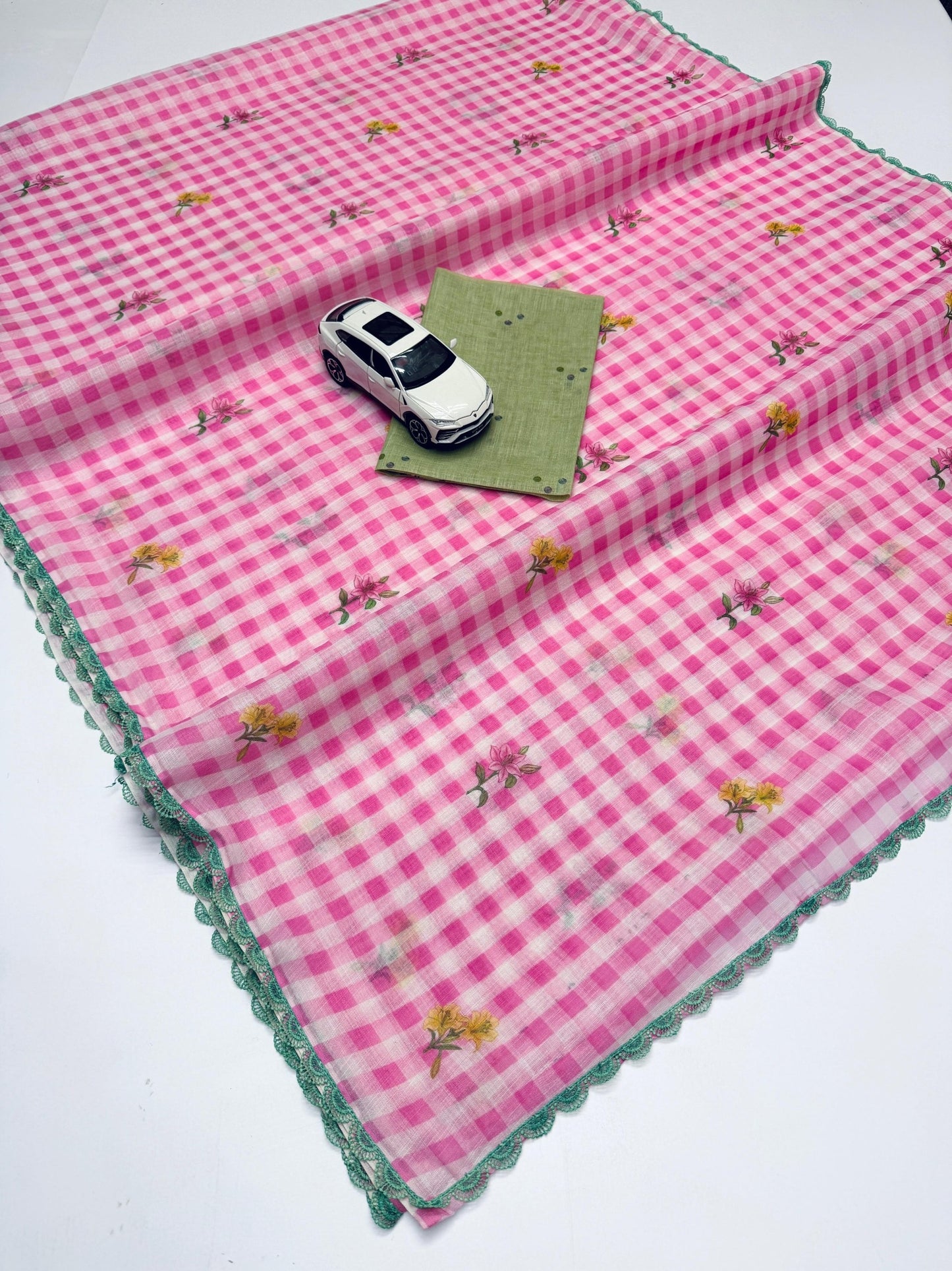 Fancy Lace broder Check Pattern Pink  Cotton Linen Saree With Blouse