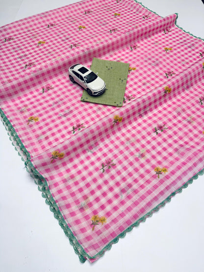 Fancy Lace broder Check Pattern Pink  Cotton Linen Saree With Blouse