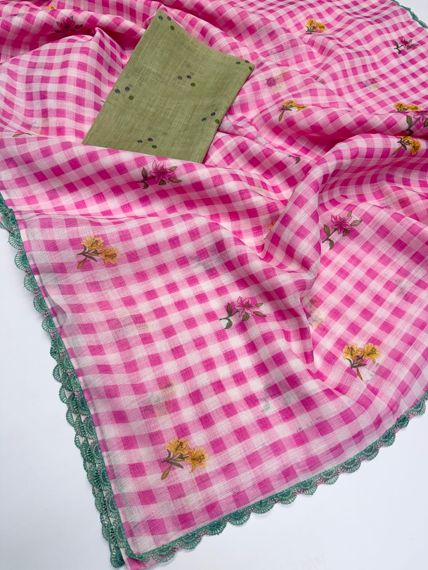 Fancy Lace broder Check Pattern Pink  Cotton Linen Saree With Blouse
