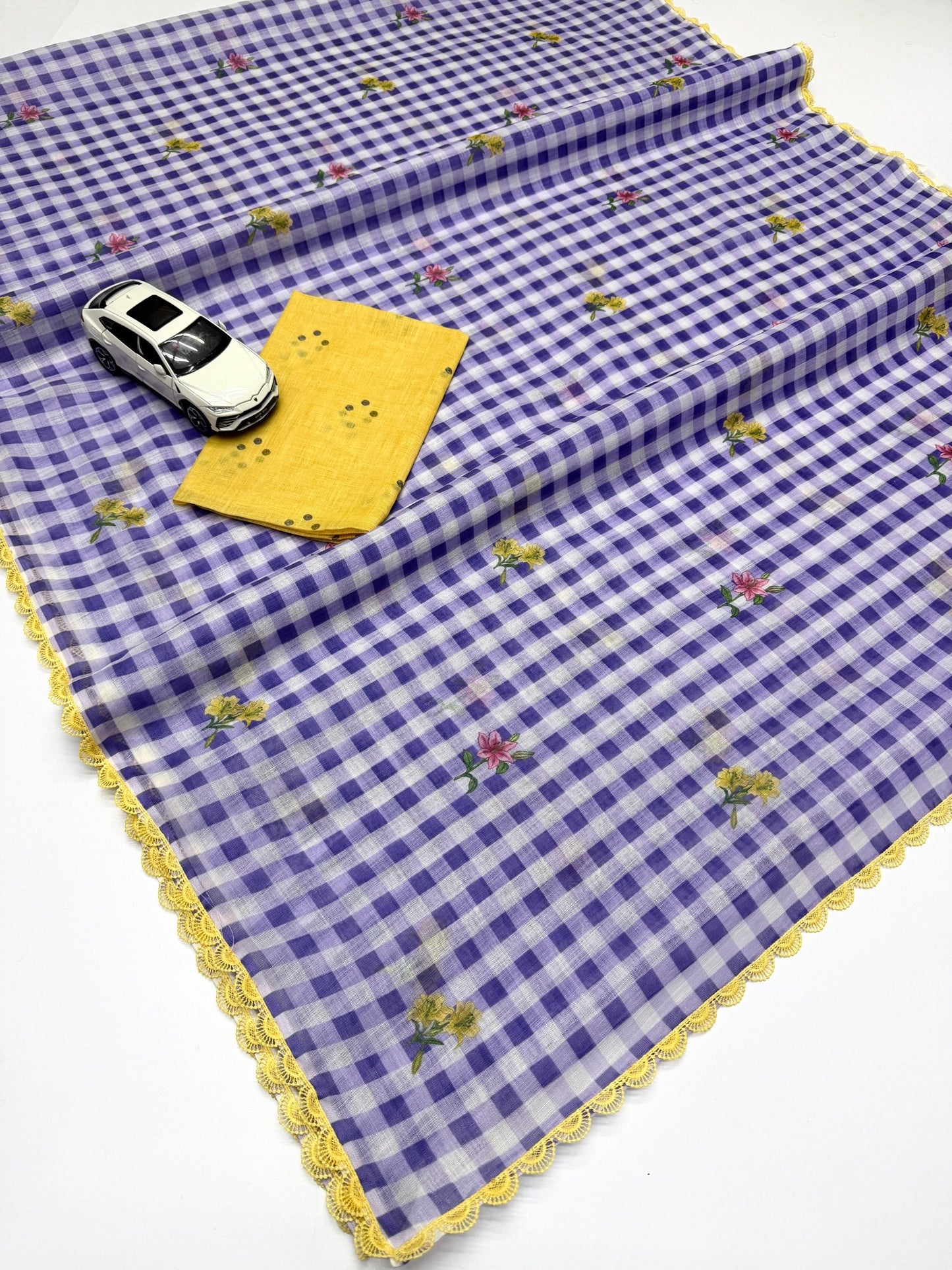 Fancy Lace broder Check Pattern Purple Cotton Linen Saree With Blouse