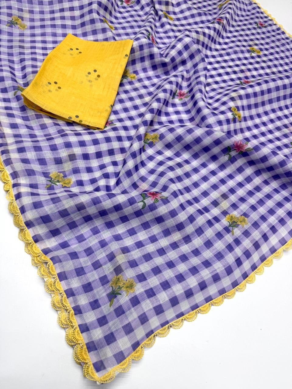 Fancy Lace broder Check Pattern Purple Cotton Linen Saree With Blouse