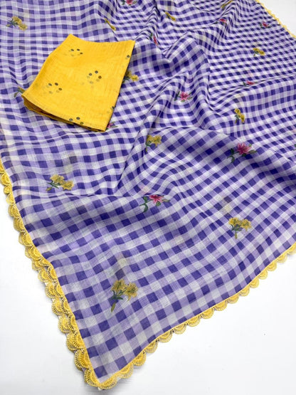 Fancy Lace broder Check Pattern Purple Cotton Linen Saree With Blouse