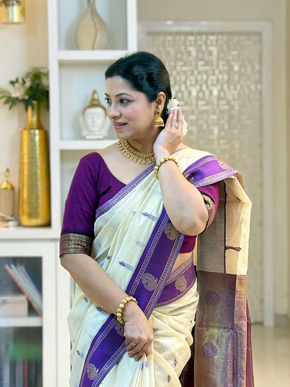 Off White Linen Silk Saree With Blouse