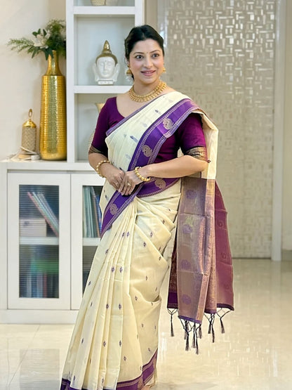 Off White Linen Silk Saree With Blouse