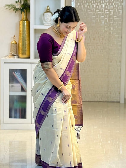 Off White Linen Silk Saree With Blouse
