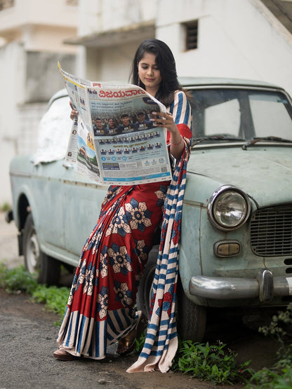 Red  Floral Print Bollywood Linen Cotton Saree