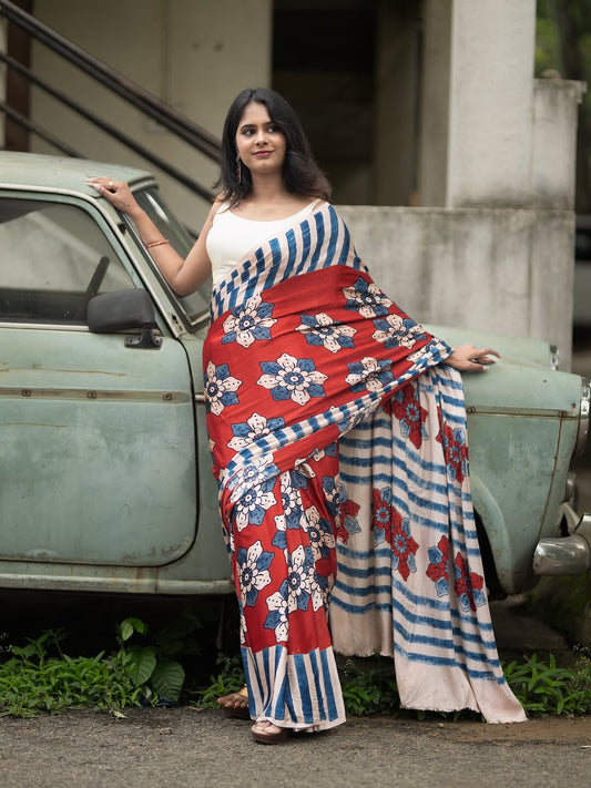 Red  Floral Print Bollywood Linen Cotton Saree