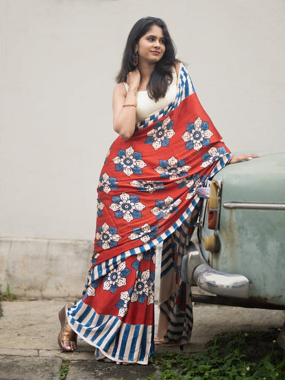 Red  Floral Print Bollywood Linen Cotton Saree