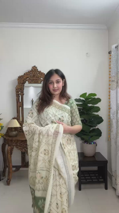 Cream And Green Lotus Floral Linen Cotton Hand Loom Saree