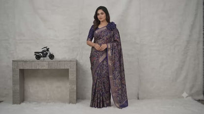 Royal Blue Dola Silk Printed Saree With Jari Broder