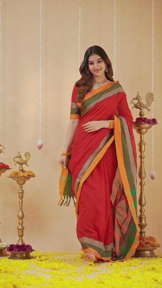 Red Handloom Narayanpet Cotton Saree