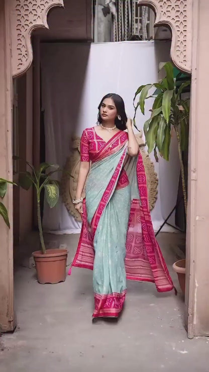 Sky Blue And Pink Silk Foil Print Design With Piping Broder Saree