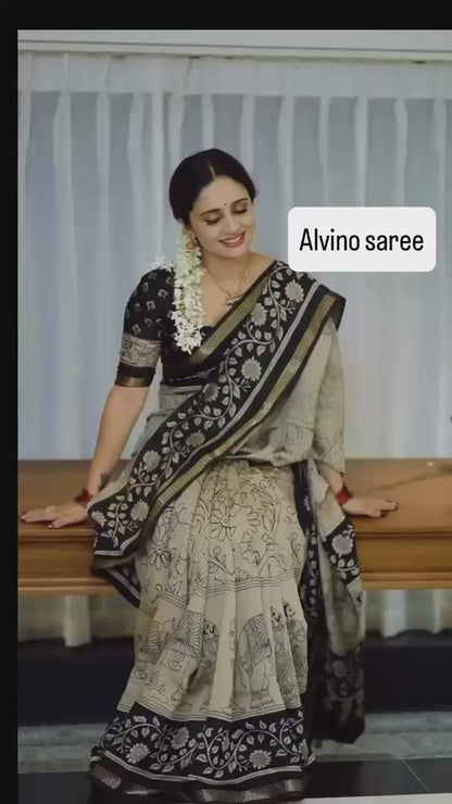 Ajrakh Design Black Colour With Zari Broder Saree