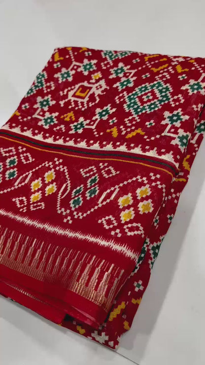 Premium Red Cotton Saree with Traditional Multicolor Motifs