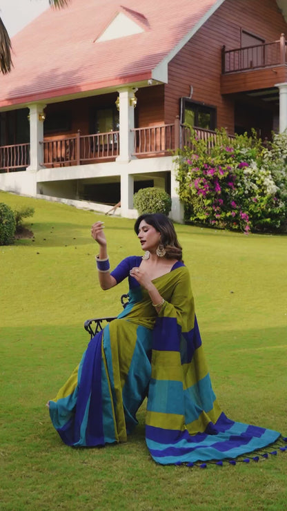 Olive Green & Blue Pure Handloom Cotton Saree