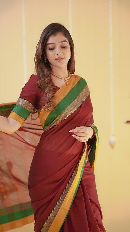 Marron Handloom Narayanpet Cotton Saree