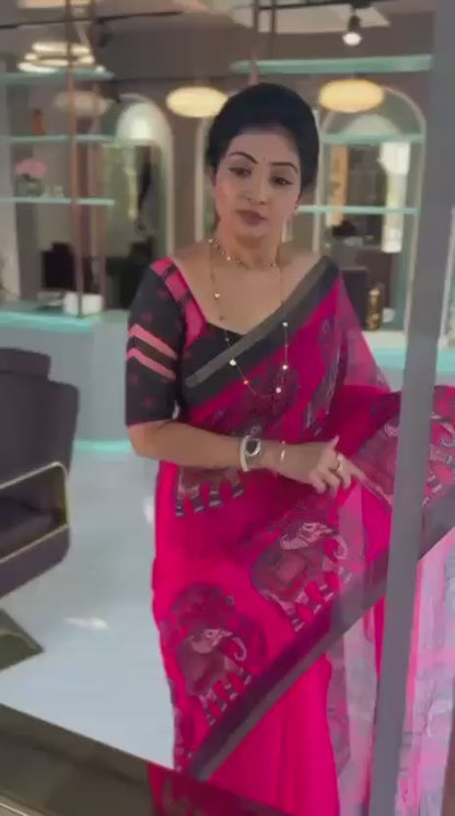 Rani PInk Elephant DEsign Linen Cotton Saree
