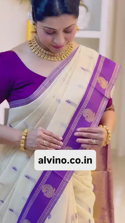 Off White Linen Silk Saree With Blouse