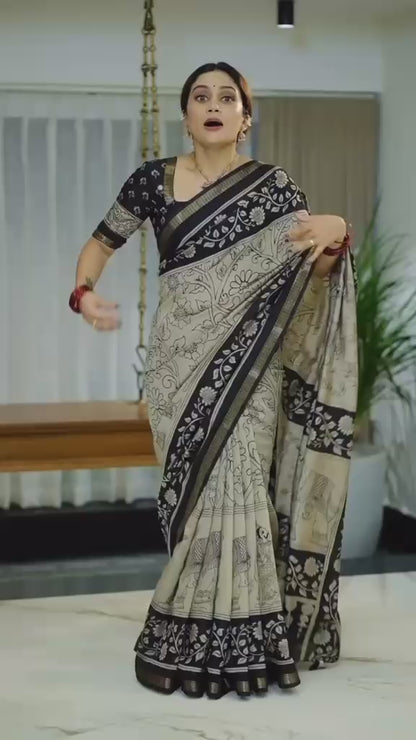 Ajrakh Design Black Colour With Zari Broder Saree