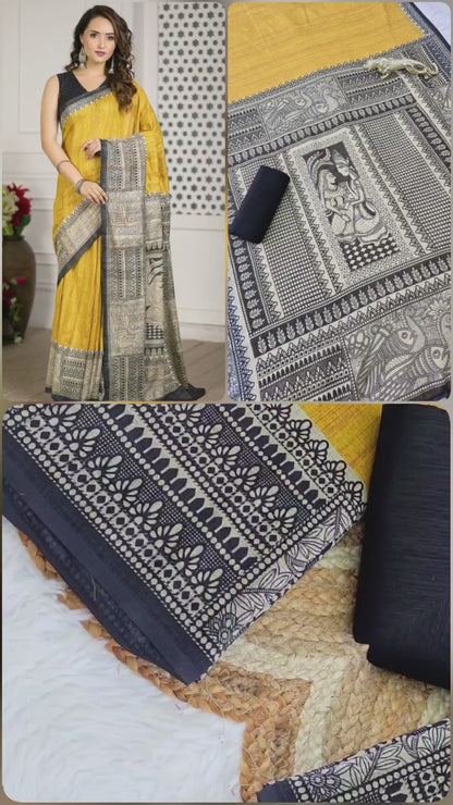 Yellow With Grey Broder Cotton LInen Madhubani Print Saree