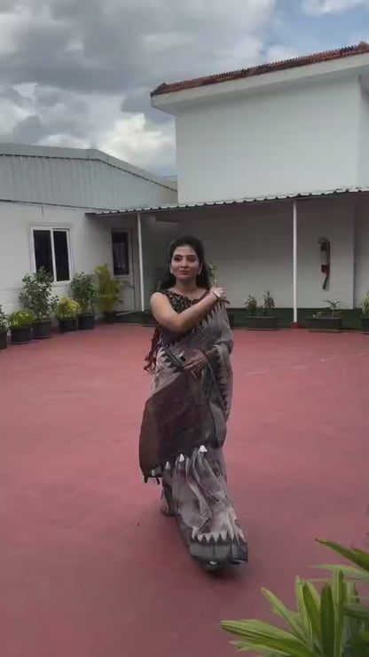 Premium Silver Broder Cotton Linen Saree With Soft Floral Print