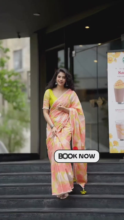 Peach Yellow Cotton Linen Floral Print Saree