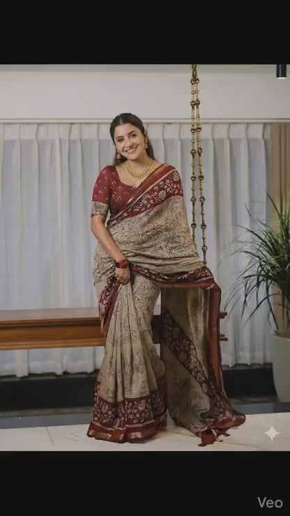 Ajrakh Design Red Colour With Zari Broder Saree
