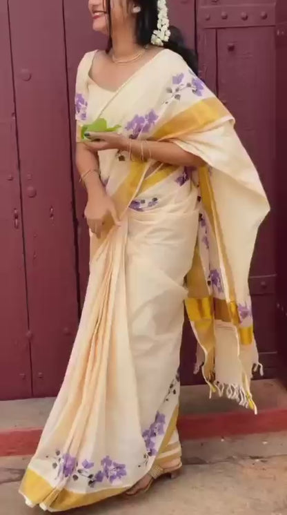 premium Design Golden Broder  LInen Cotton Saree