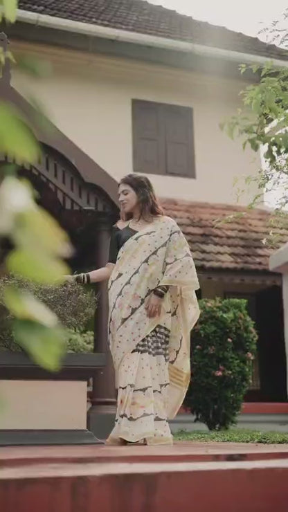 Premium Golden Broder Cotton Linen Saree With Soft Floral Print