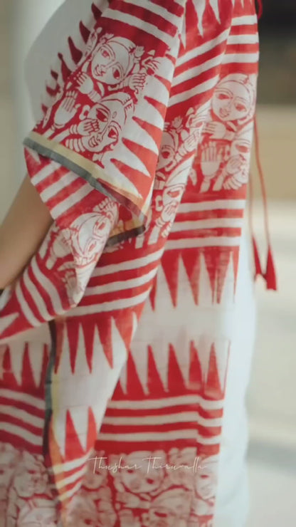 Red Printed Pattern With Blouse Contras Cotton Linen Saree