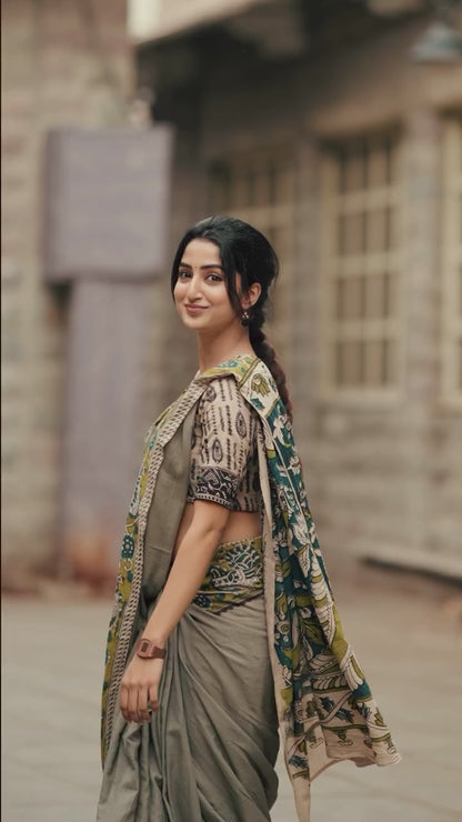 Grey Soft Linen Cotton Saree With Matching Blouse