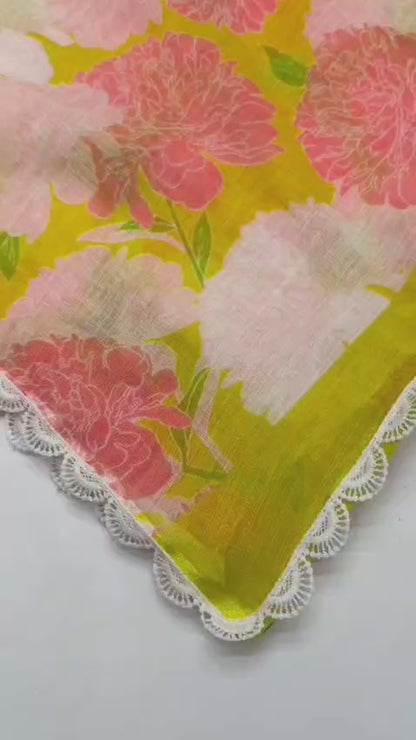 Peach Yellow Cotton Linen Floral Print Saree