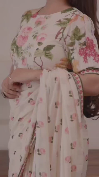 Premum Look Soft Linen Cotton Floral Print Saree