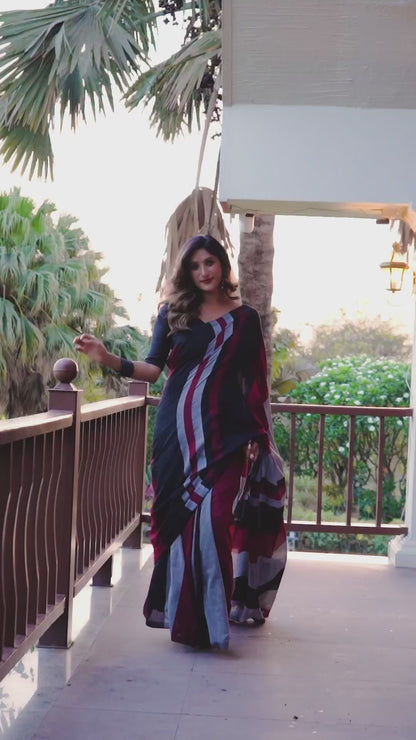 Black Maroon & Grey Pure Handloom Cotton Saree