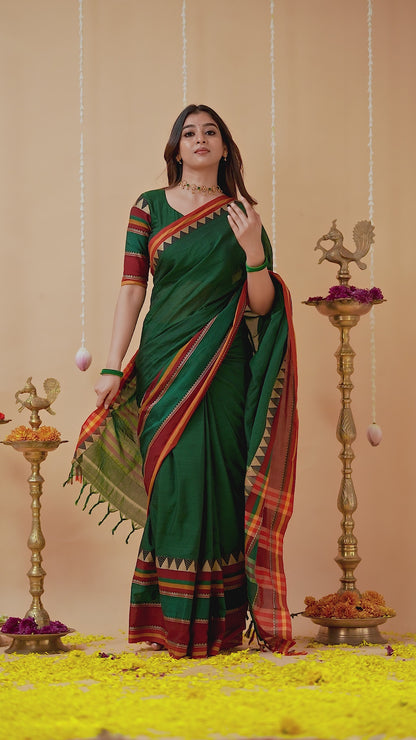 Dark Green Handloom Narayanpet Cotton Saree