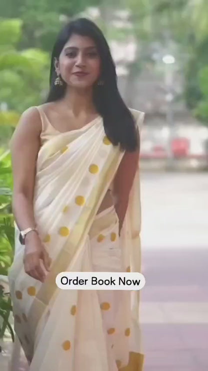 Golden Broder Yellow Round Ball Design Linen Cotton Saree