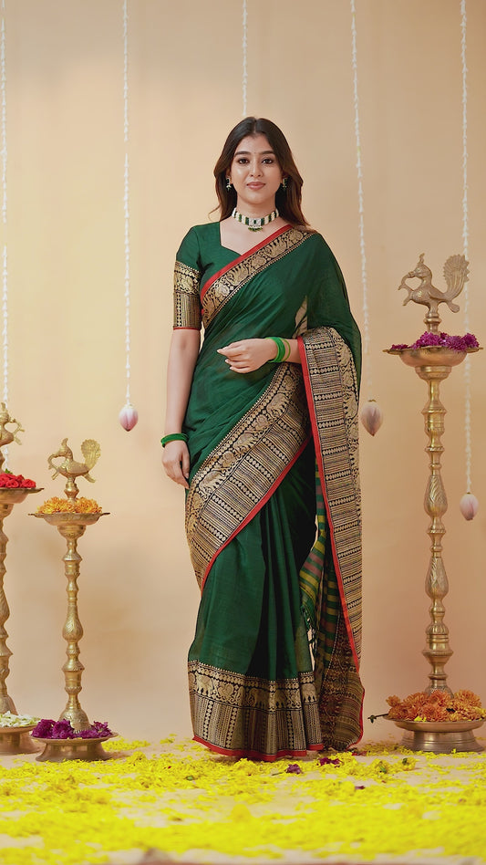 Dark Green Handloom  Narayanpet Cotton Saree