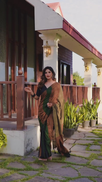 Bottle Green & Brown Pure Handloom Cotton Saree