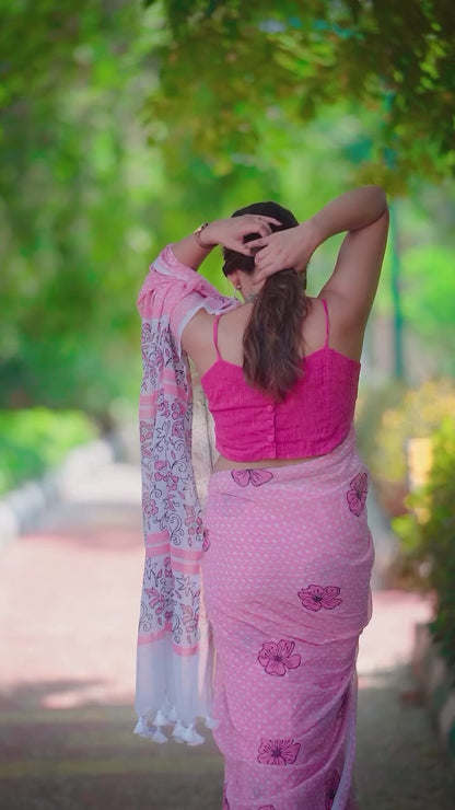 Baby Pink Floral Tassel Pallu Soft Lightweight Linen Cottan Saree