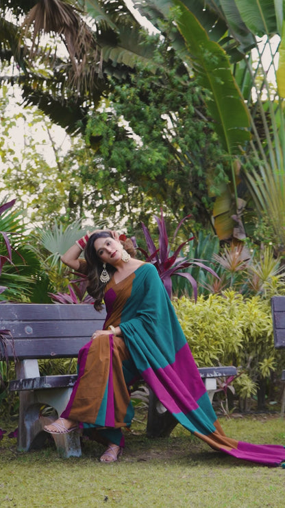 Teal Green & Magenta Pure Handloom Cotton Saree