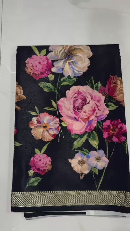 Mul cotton Black Color Pink Flower Disgn Saree