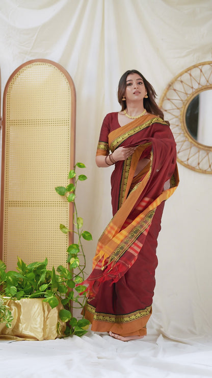 Marron Handloom Narayanpet Cotton Saree