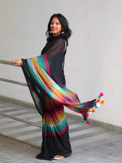 Black Multicolor Strip Tassel Linen cotton saree