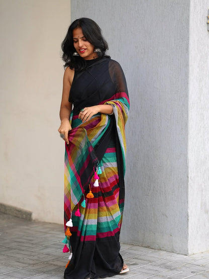 Black Multicolor Strip Tassel Linen cotton saree