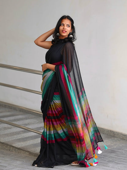 Black Multicolor Strip Tassel Linen cotton saree